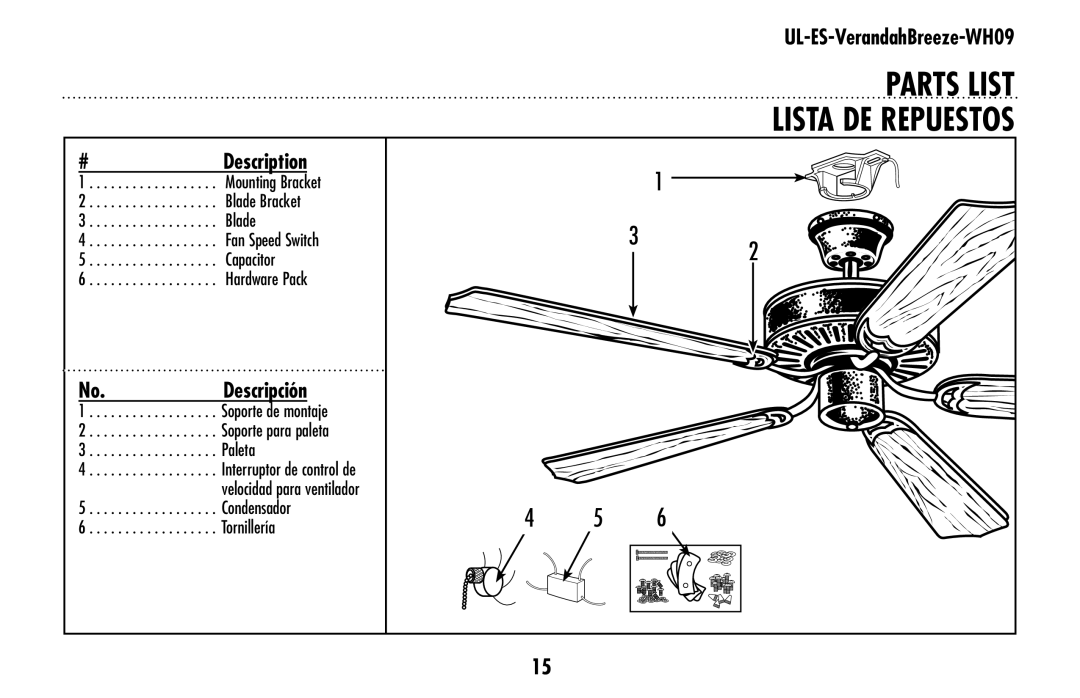 Westinghouse UL-ES-VerandahBreeze-WH09 owner manual PARTS LIST Lista DE Repuestos, Descripción 